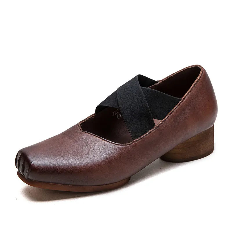 Women Retro Leather Cross Strap Low Block Casual Shoes