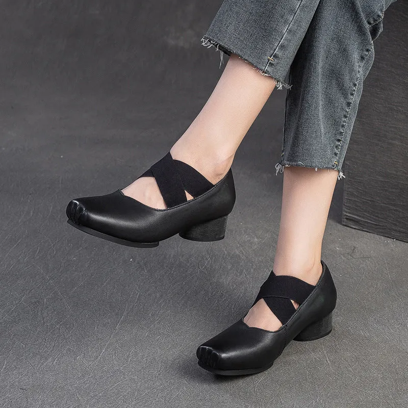 Women Retro Leather Cross Strap Low Block Casual Shoes