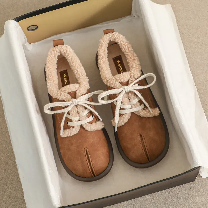 Women Retro Leather Furred Flat Casual Shoes