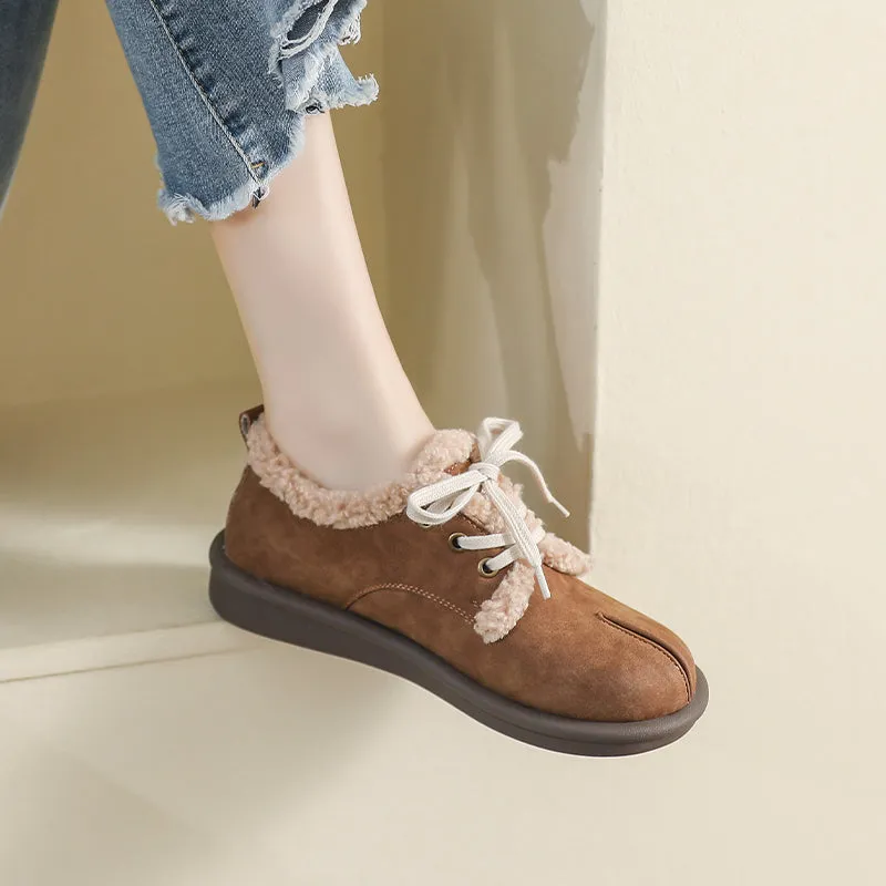 Women Retro Leather Furred Flat Casual Shoes