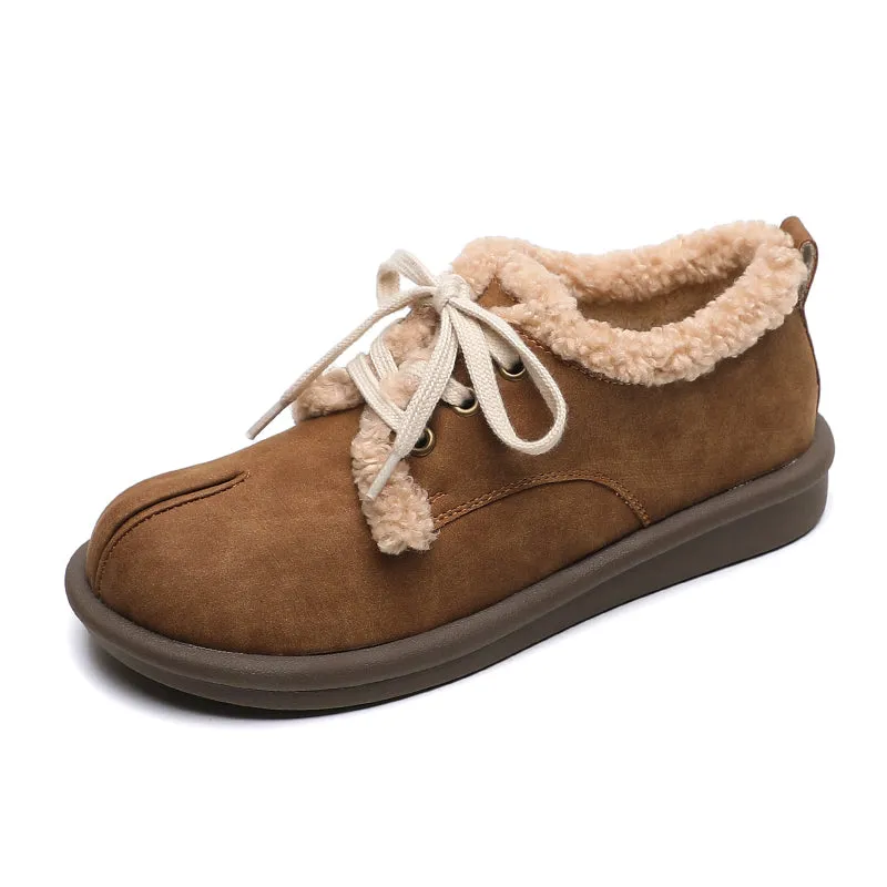 Women Retro Leather Furred Flat Casual Shoes