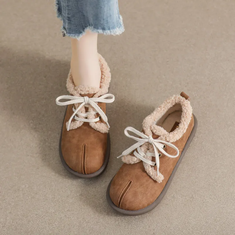 Women Retro Leather Furred Flat Casual Shoes