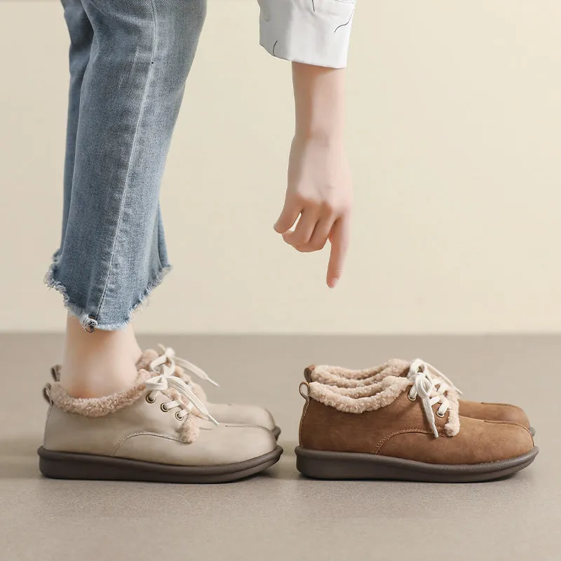 Women Retro Leather Furred Flat Casual Shoes