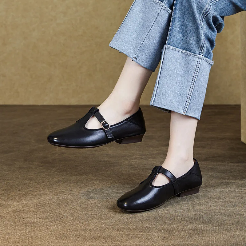 Women Retro Minimalist Leather Buckle Casual Shoes