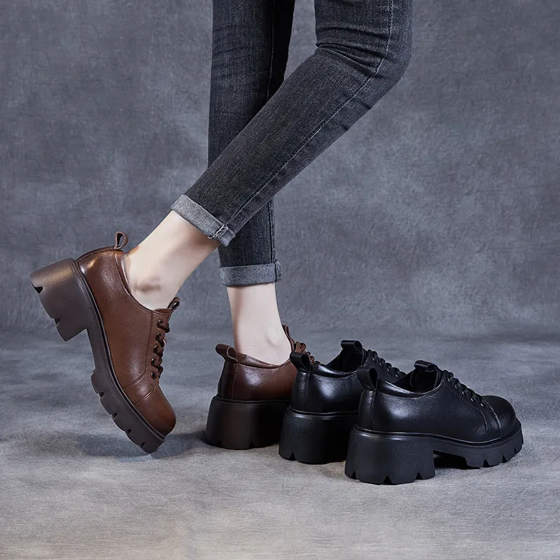 Women Retro Minimalist Leather Chunky Heel Casual Shoes