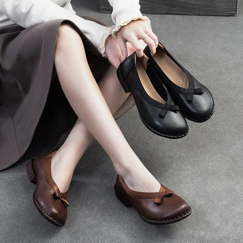 Women Retro Plain Leather Flat Casual Shoes
