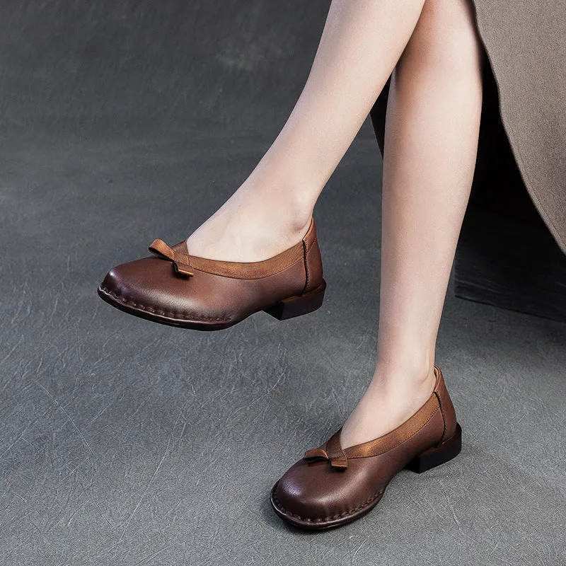 Women Retro Plain Leather Flat Casual Shoes