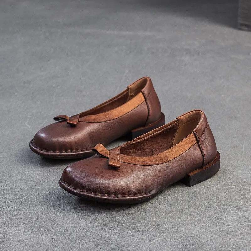 Women Retro Plain Leather Flat Casual Shoes