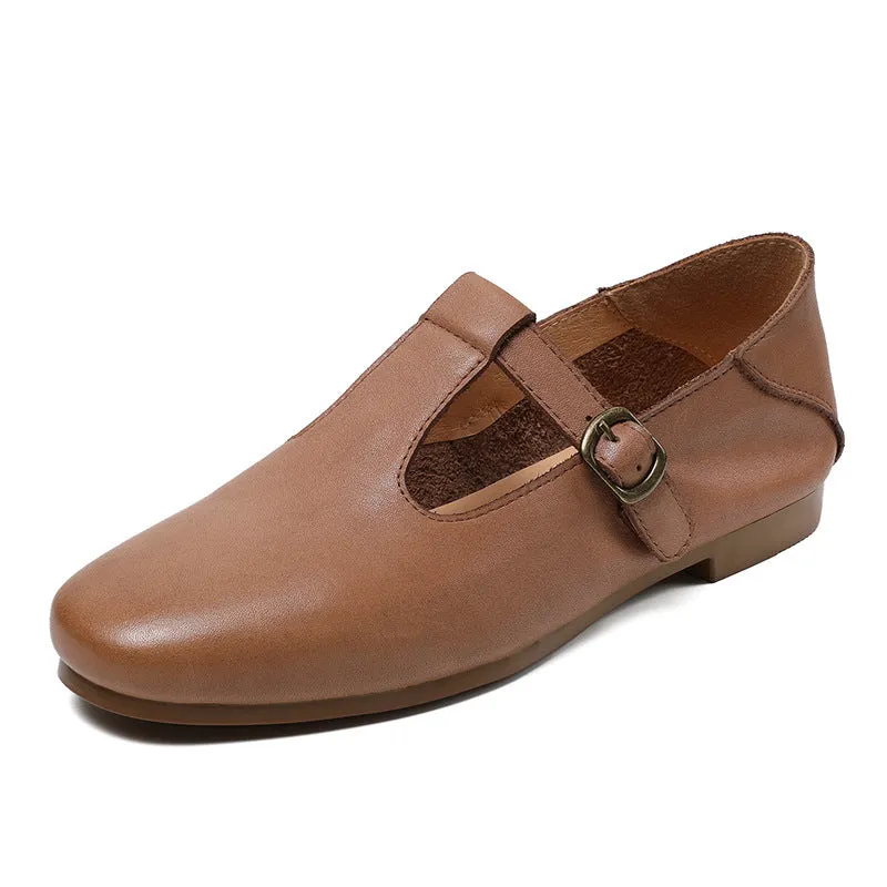 Women Retro Soft Cowhide Leather Flat Casual Shoes