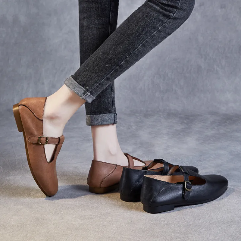 Women Retro Soft Cowhide Leather Flat Casual Shoes