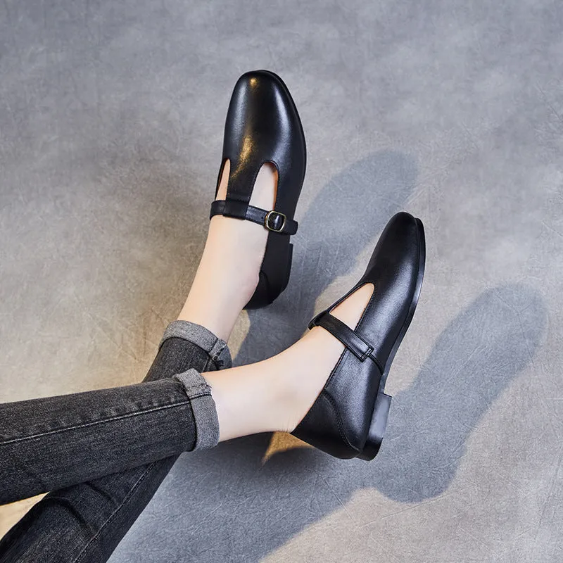Women Retro Soft Cowhide Leather Flat Casual Shoes