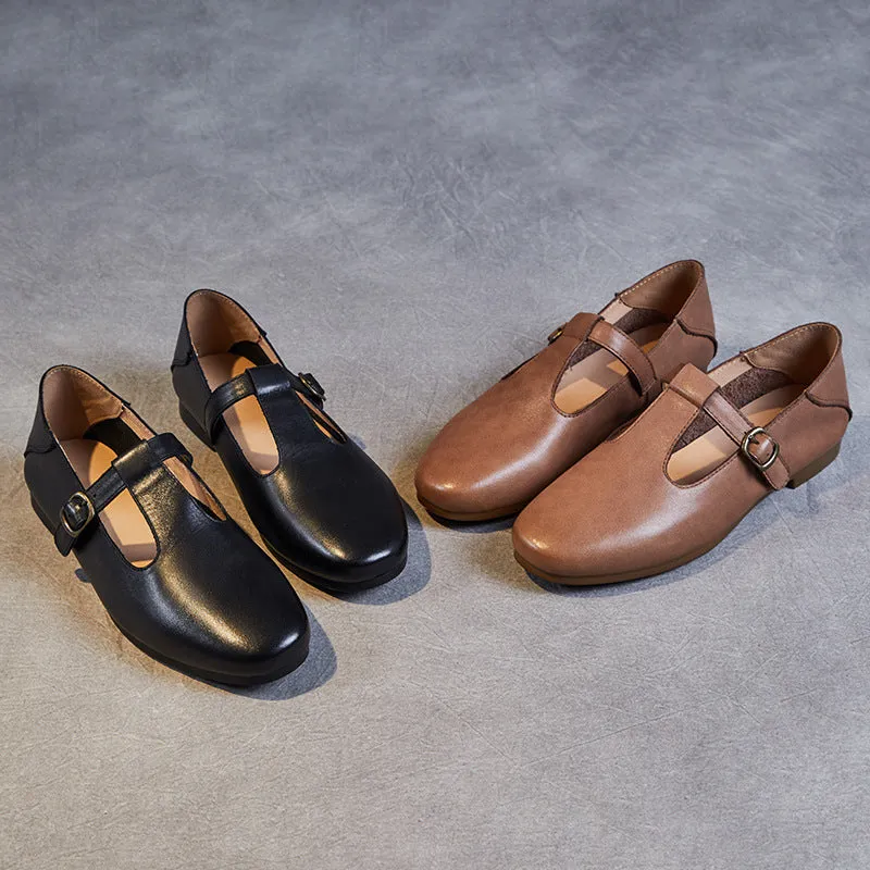 Women Retro Soft Cowhide Leather Flat Casual Shoes
