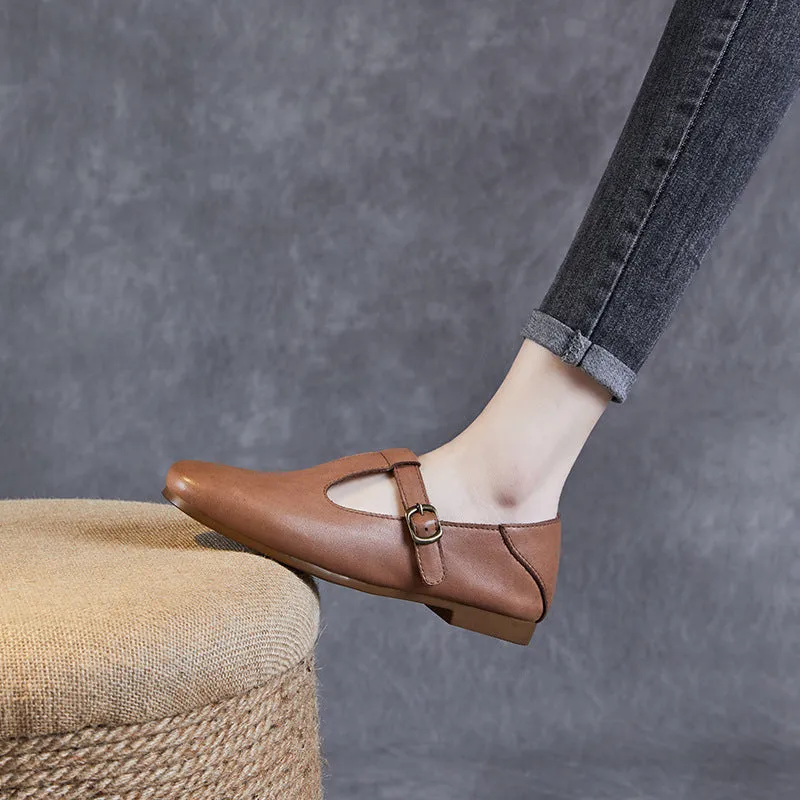 Women Retro Soft Cowhide Leather Flat Casual Shoes