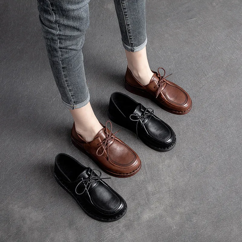 Women Soft Leather Retro Solid Casual Shoes