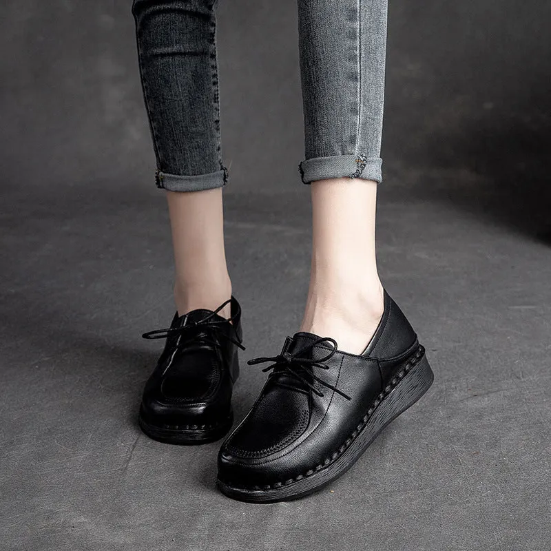 Women Soft Leather Retro Solid Casual Shoes