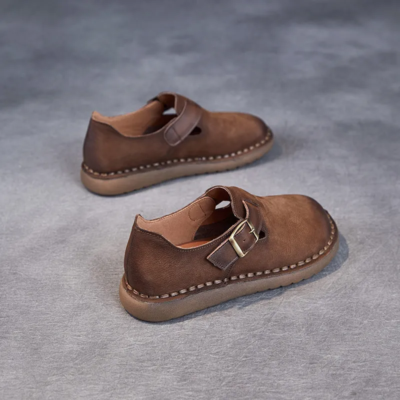 Women Vintage Leather Buckle Flat Casual Shoes