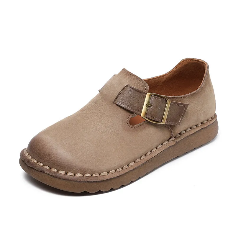 Women Vintage Leather Buckle Flat Casual Shoes