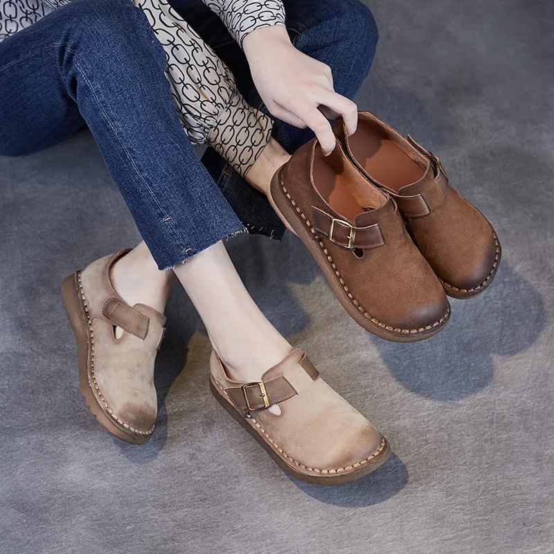 Women Vintage Leather Buckle Flat Casual Shoes