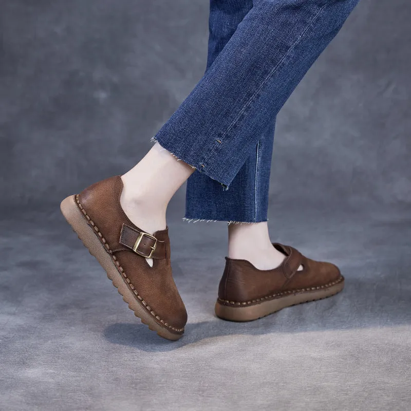 Women Vintage Leather Buckle Flat Casual Shoes