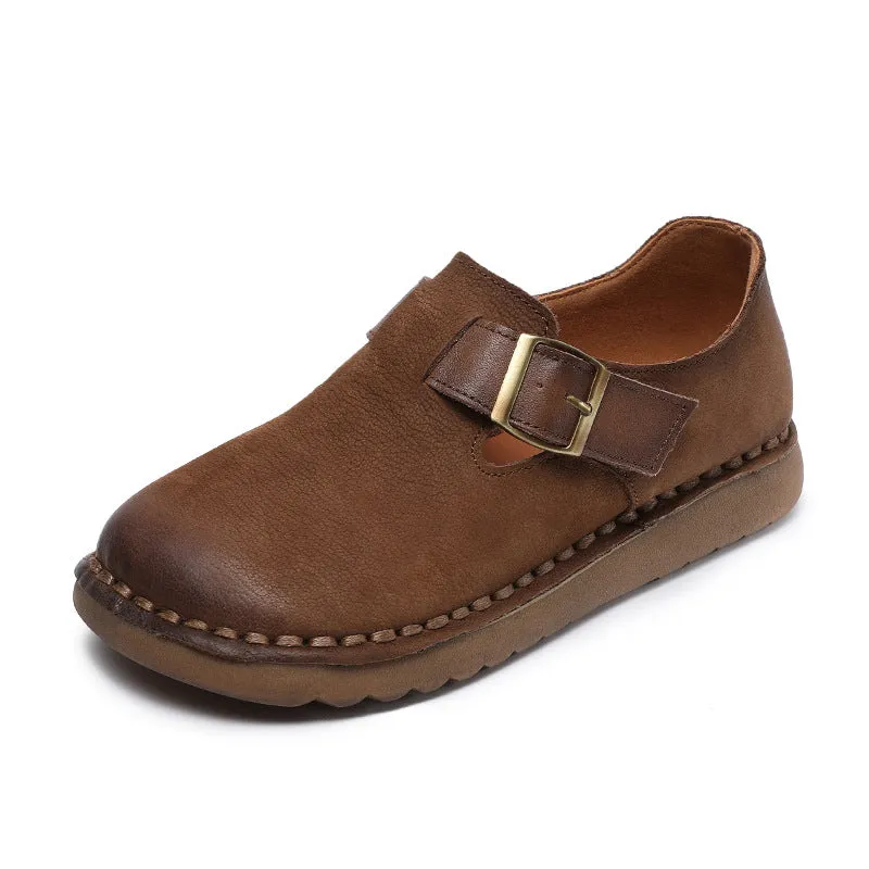 Women Vintage Leather Buckle Flat Casual Shoes