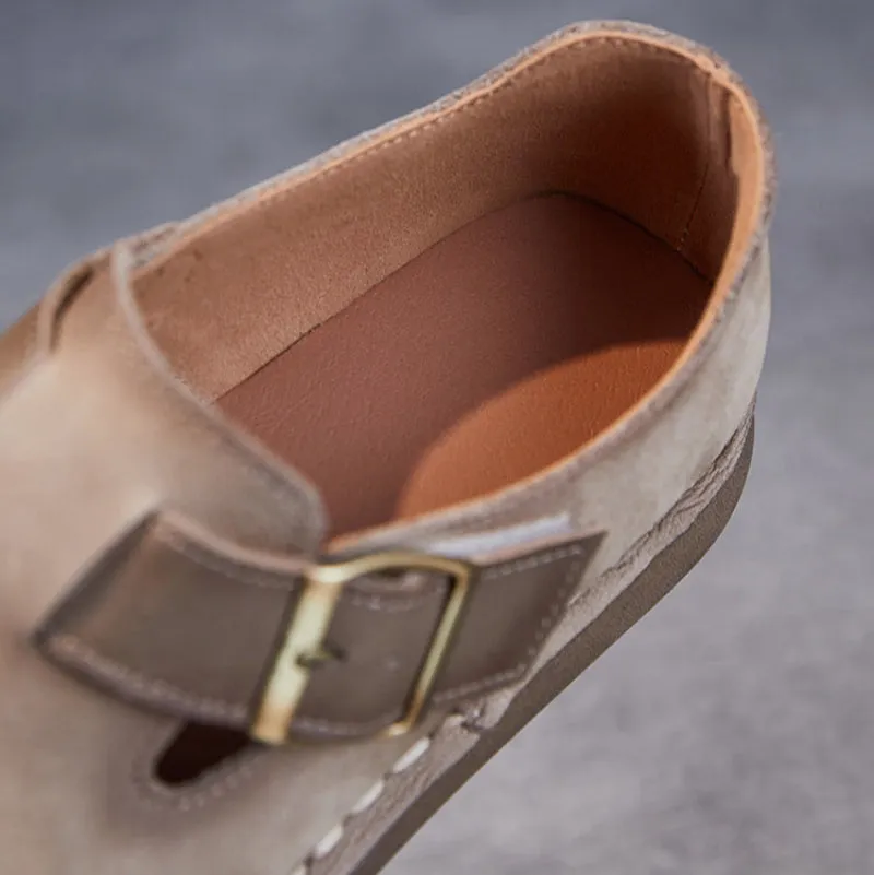 Women Vintage Leather Buckle Flat Casual Shoes