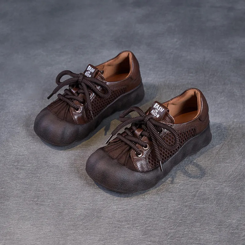 Women Vintage Leather Hollow Mesh Casual Shoes