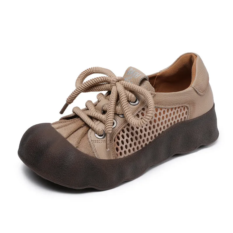 Women Vintage Leather Hollow Mesh Casual Shoes