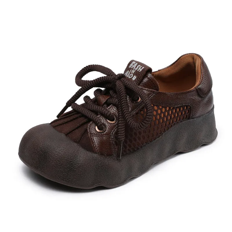 Women Vintage Leather Hollow Mesh Casual Shoes