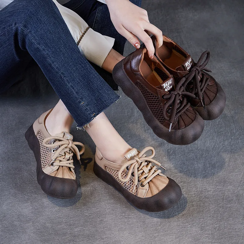 Women Vintage Leather Hollow Mesh Casual Shoes