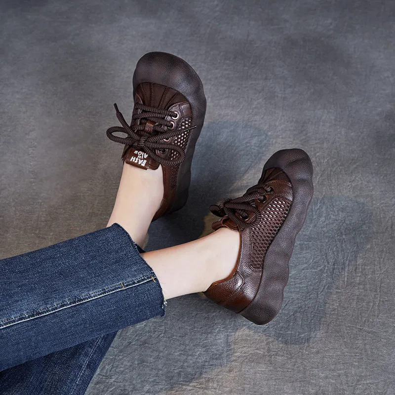 Women Vintage Leather Hollow Mesh Casual Shoes