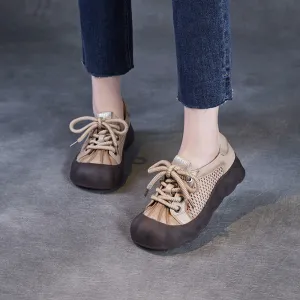 Women Vintage Leather Hollow Mesh Casual Shoes