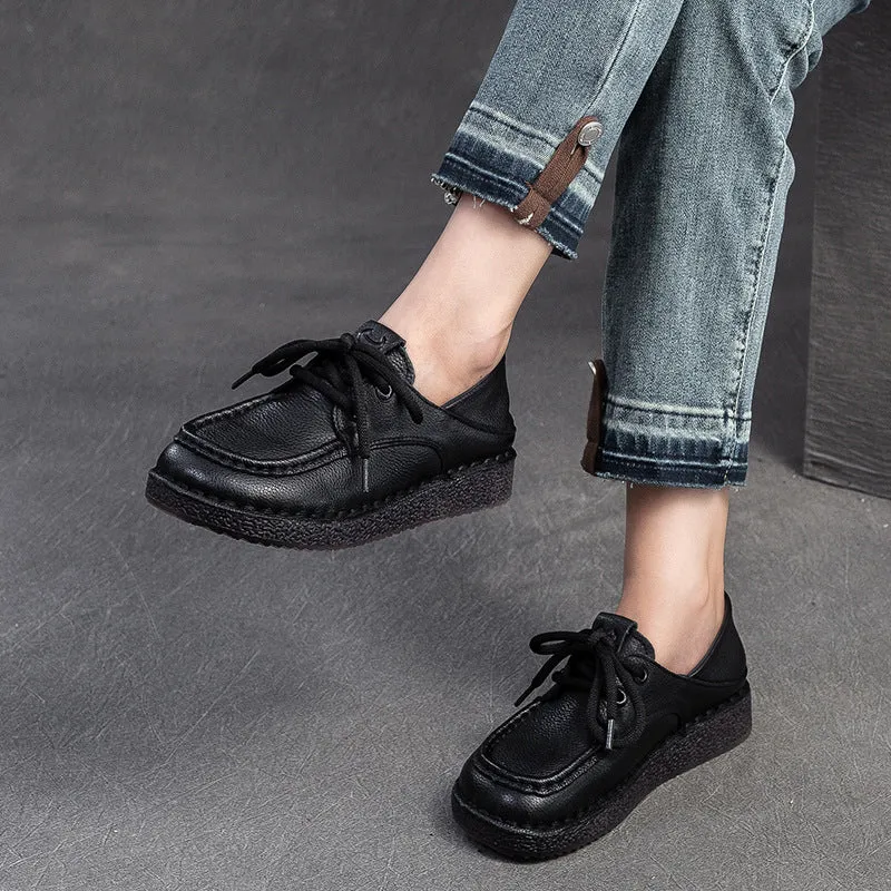 Women Vintage Leather Soft Lace-up Casual Shoes