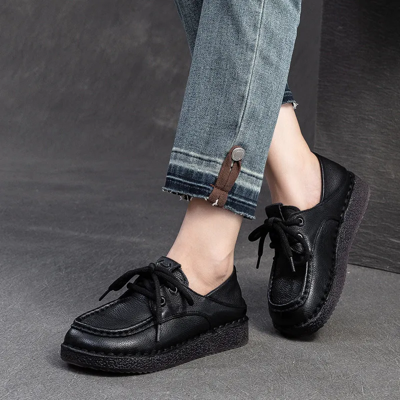 Women Vintage Leather Soft Lace-up Casual Shoes