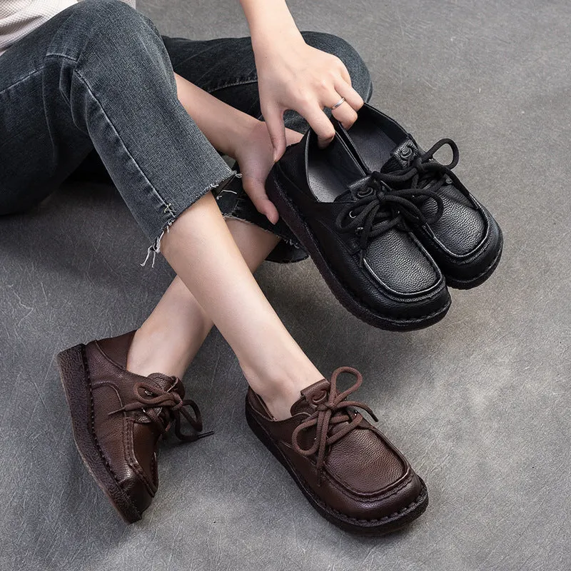 Women Vintage Leather Soft Lace-up Casual Shoes