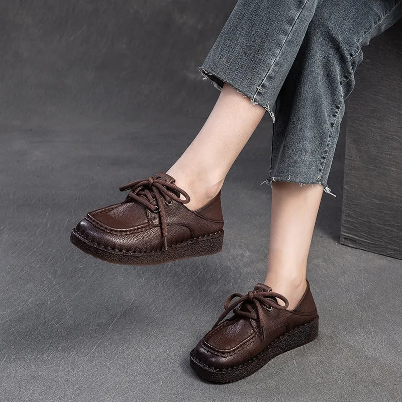 Women Vintage Leather Soft Lace-up Casual Shoes