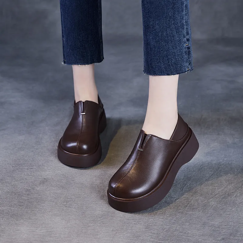 Women Vintage Plain Leather Platform Casual Shoes