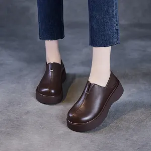 Women Vintage Plain Leather Platform Casual Shoes