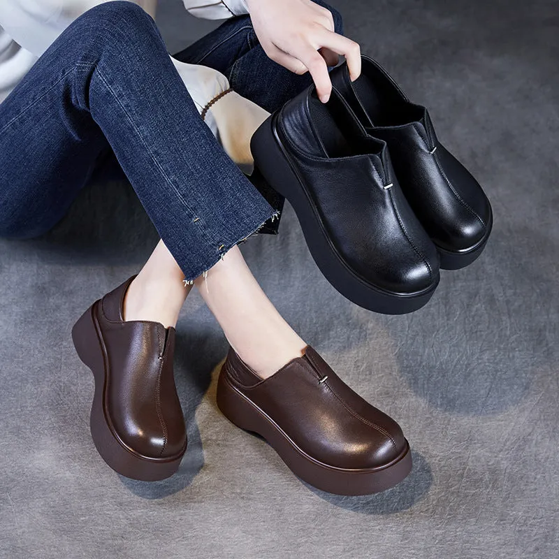 Women Vintage Plain Leather Platform Casual Shoes