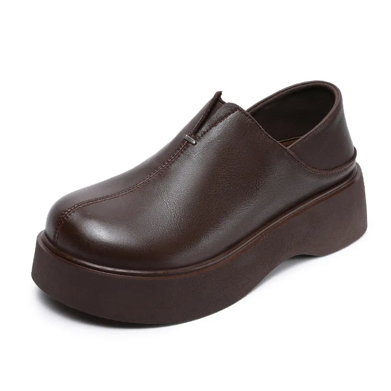 Women Vintage Plain Leather Platform Casual Shoes