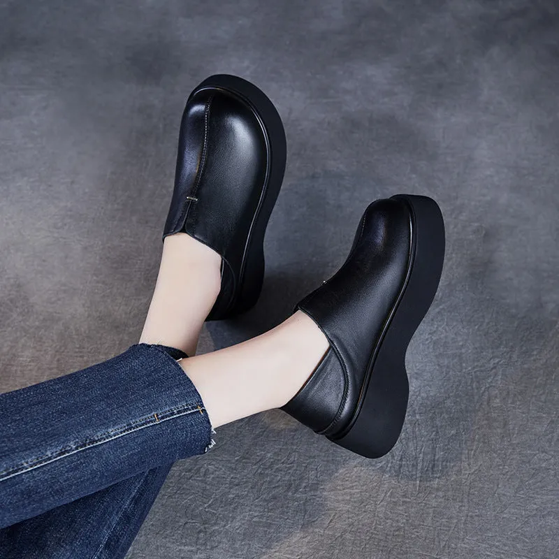 Women Vintage Plain Leather Platform Casual Shoes