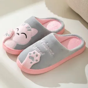 Women Winter Warm Slippers Cartoon Cat Shoes Furry Plush Slides Round Toe Flats Indoor Home Bedroom Floor Slippers Ladies Shoes
