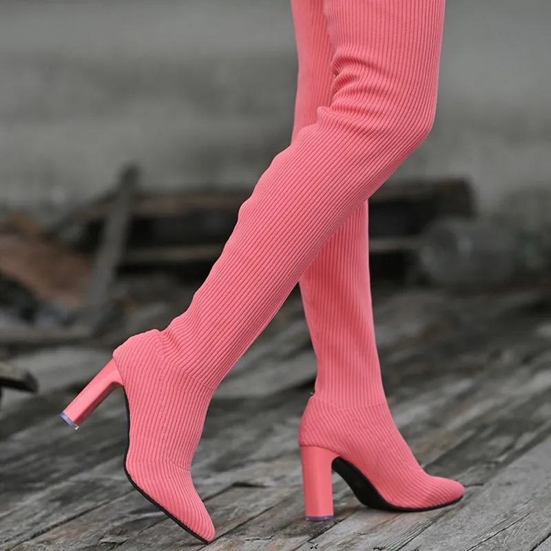 Women’s Block Heel Pointed Toe Over-the-Knee Boots