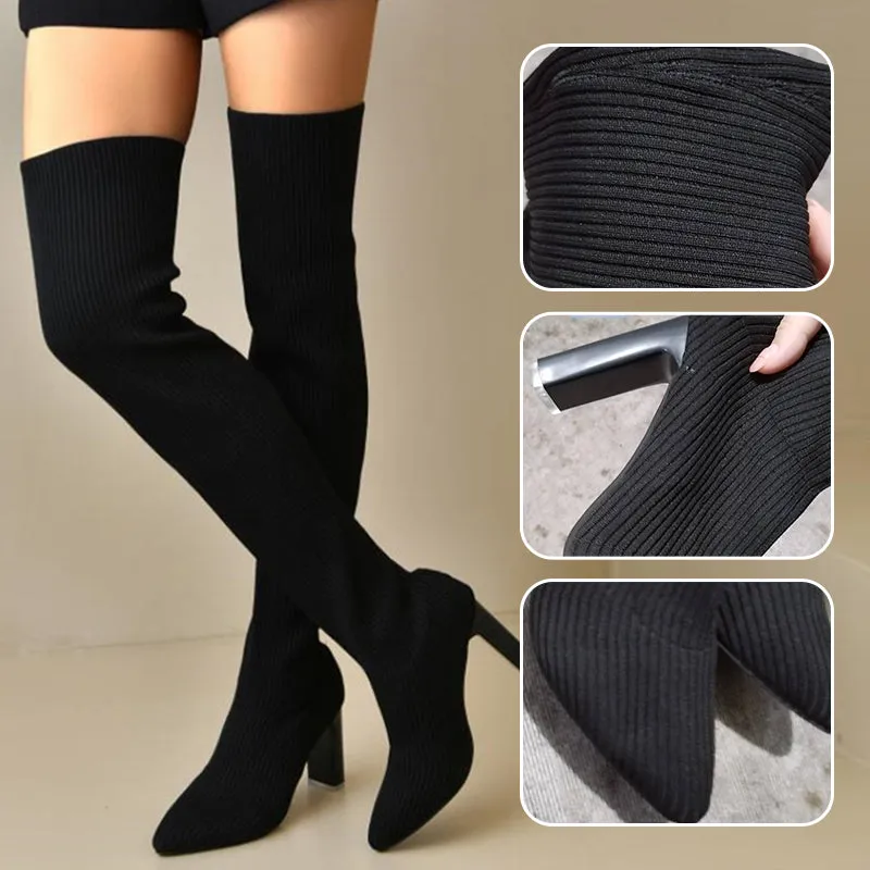 Women’s Block Heel Pointed Toe Over-the-Knee Boots
