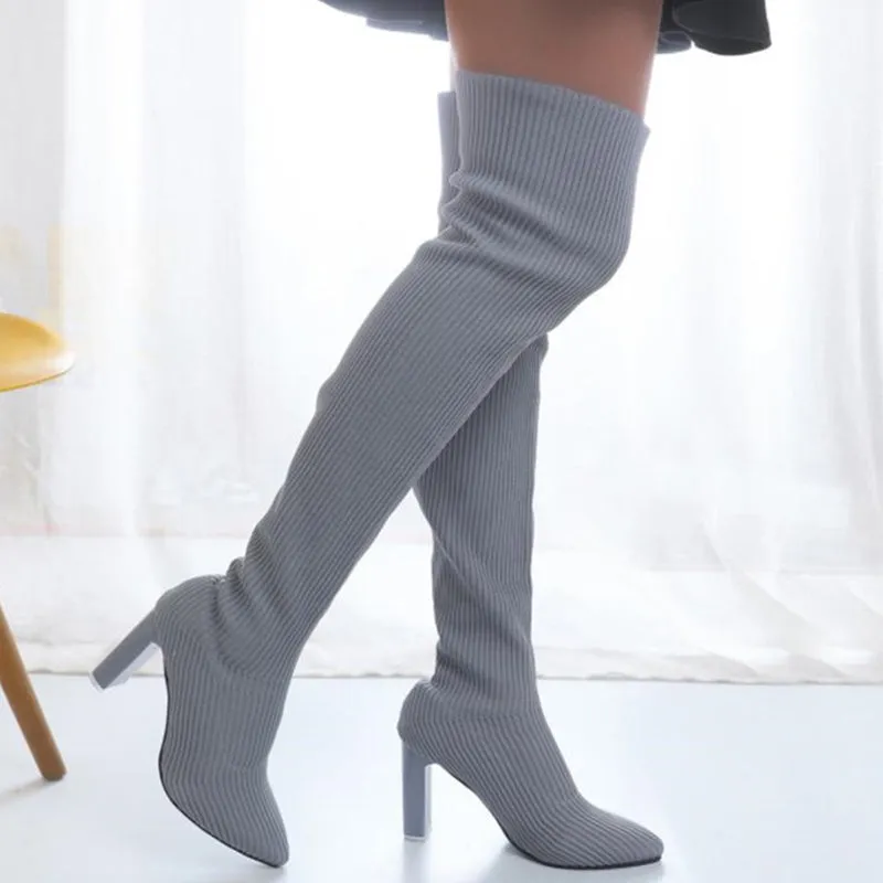 Women’s Block Heel Pointed Toe Over-the-Knee Boots