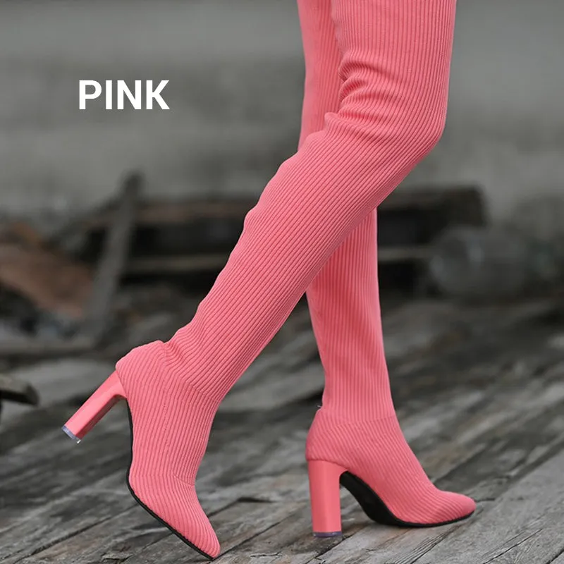 Women’s Block Heel Pointed Toe Over-the-Knee Boots