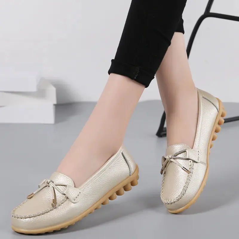 Women's Casual Leather Flat Shoes with Bow Detail