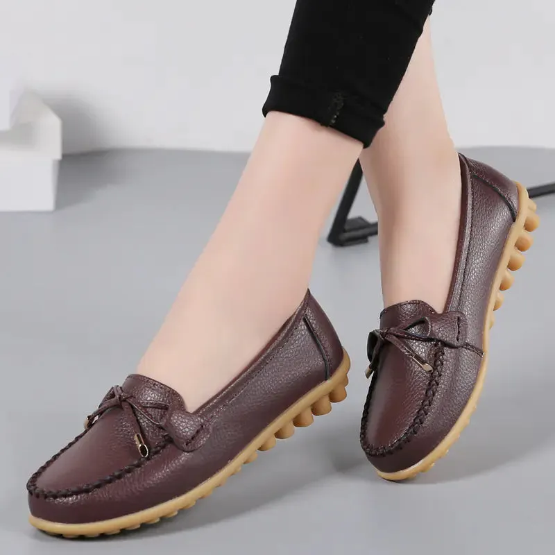 Women's Casual Leather Flat Shoes with Bow Detail