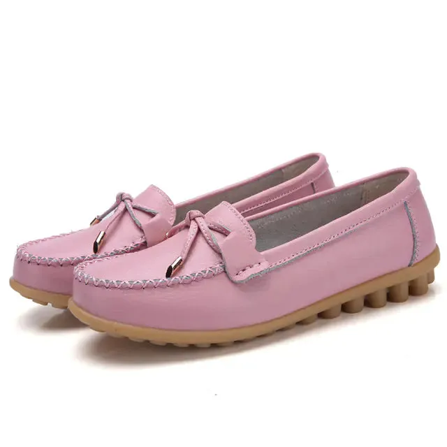 Women's Casual Leather Flat Shoes with Bow Detail