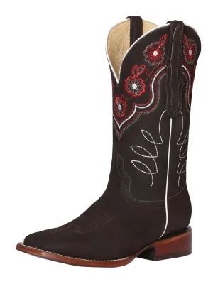 Women's Nubuck Leather Floral Embroidered Cowgirl Boots 'El General' Color Cafe 42978
