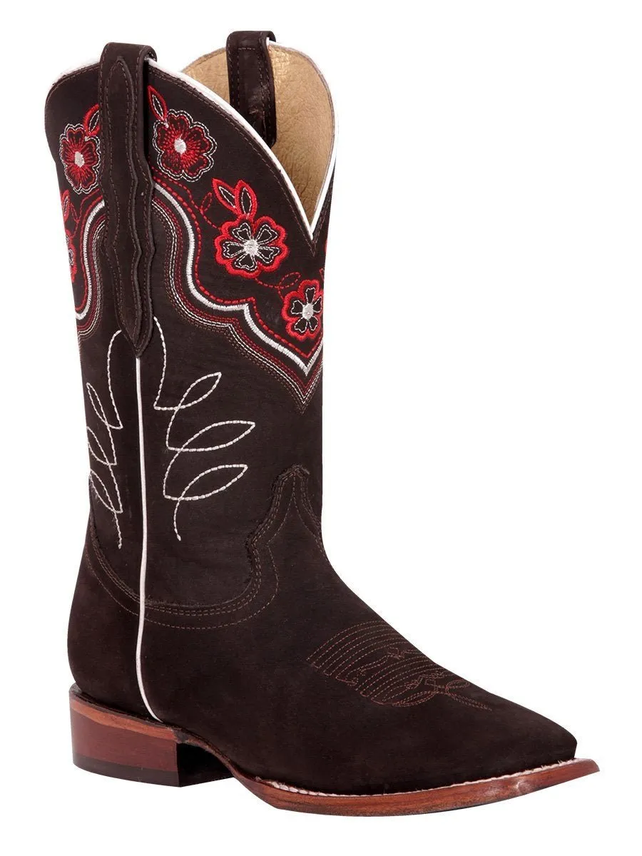 Women's Nubuck Leather Floral Embroidered Cowgirl Boots 'El General' Color Cafe 42978